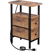 LOAKEKEL Narrow End Table with Charging Station, Small Nightstand | Skinny Side Tables Living Room with 2 Fabric Drawers, Slim Bedside Table for Bedroom, Small Spaces, Couch, Rustic Brown