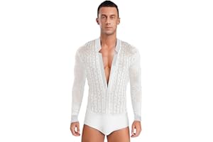 Winnrchan Men One-Piece Sheer Mesh Long Sleeve Latin Dance Shirt Ballroom Dance Leotard Unitard Ballet Dancewear