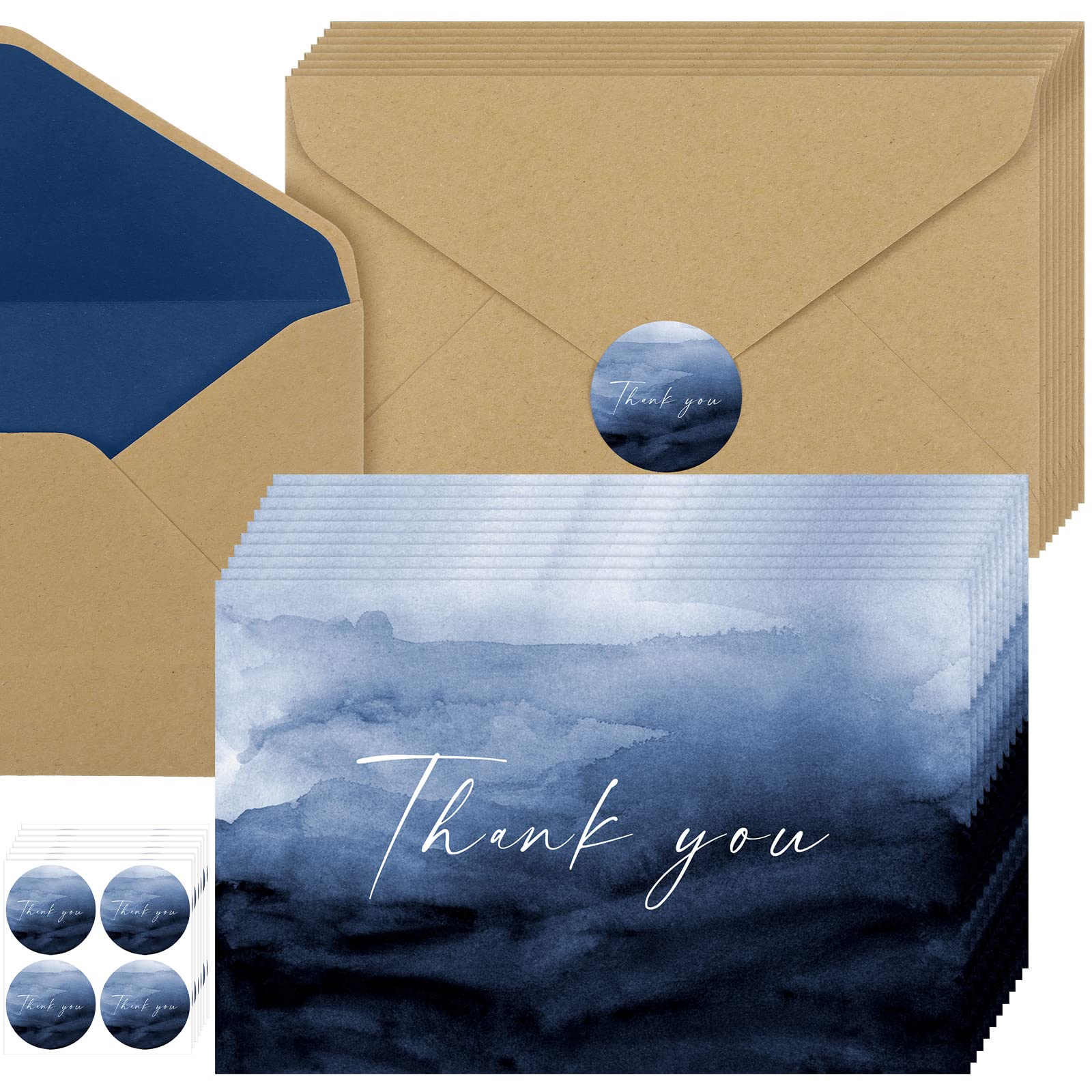 Photo 1 of 100 Pcs Thank You Cards with Envelopes 100 Stickers, Thank You Gift Card Set Notes Bulk Printable with Brown Kraft Style Envelopes Wedding, Baby Shower, Business, Bridal Shower, Graduation(Blue)
