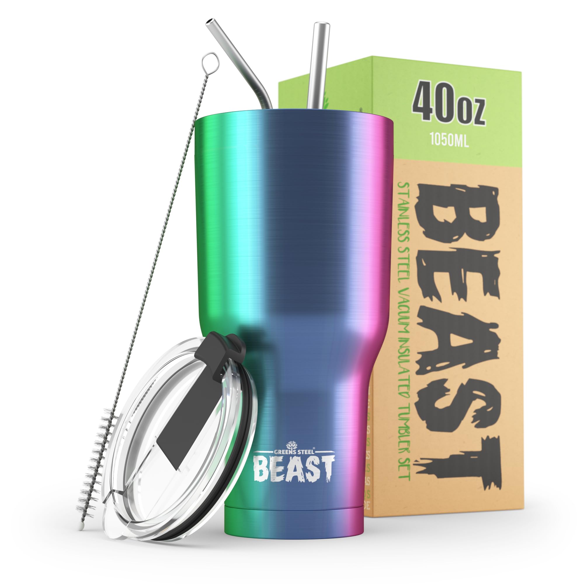 Beast Tumbler - 1050 ml (40 oz), Rainbow | Reusable Stainless Steel, Vacuum Insulated Cup | with + 2 Straws & Cleaning Brush | Double Wall Travel Flask Perfect for Hot or Iced Coffee | BPA Free