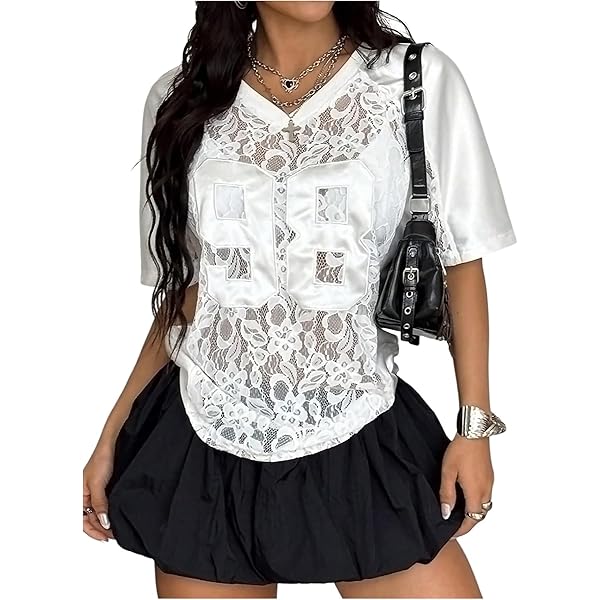 Women Lace Jersey Shirts Short Sleeve V-Neck Number Lace See