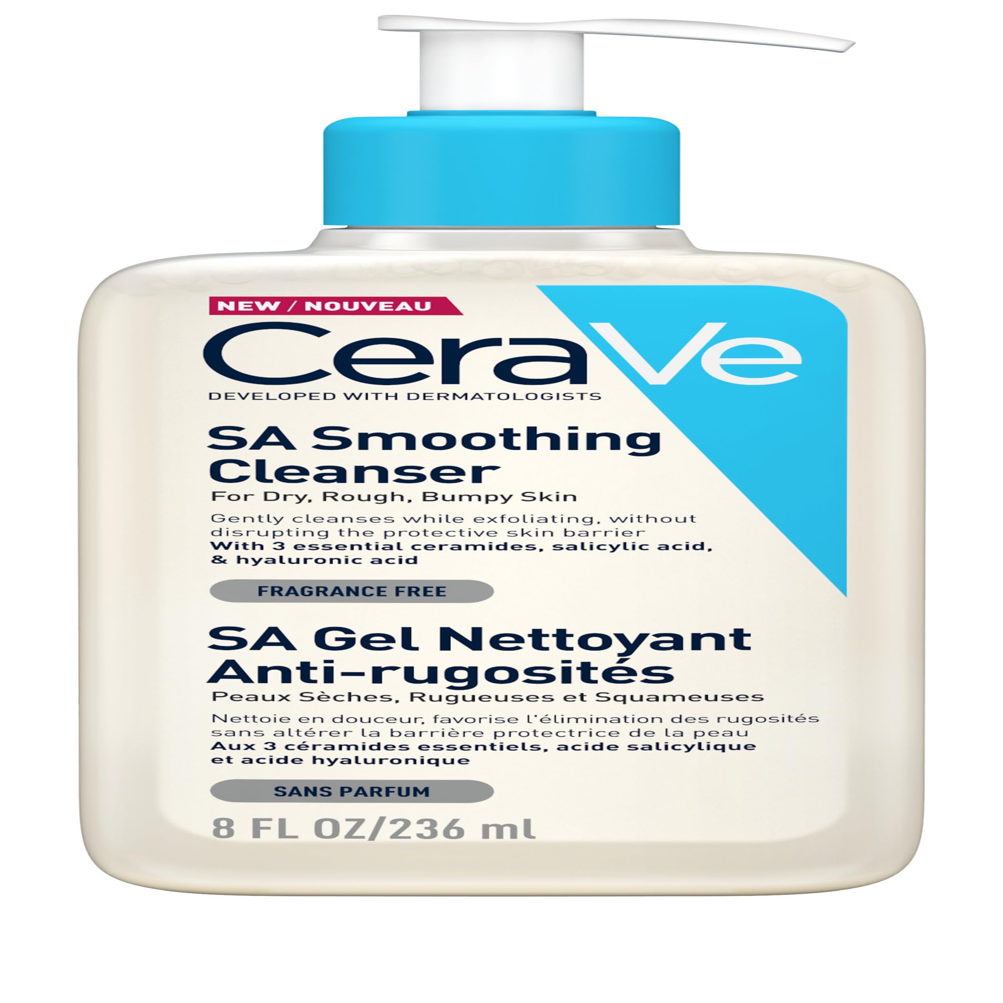 CeraVe SA Smoothing Cleanser with Salicylic Acid, 3 Essential Ceramides & Hyaluronic Acid for Dry, For Rough & Bumpy Skin, Developed with Dermatologists, 236ml