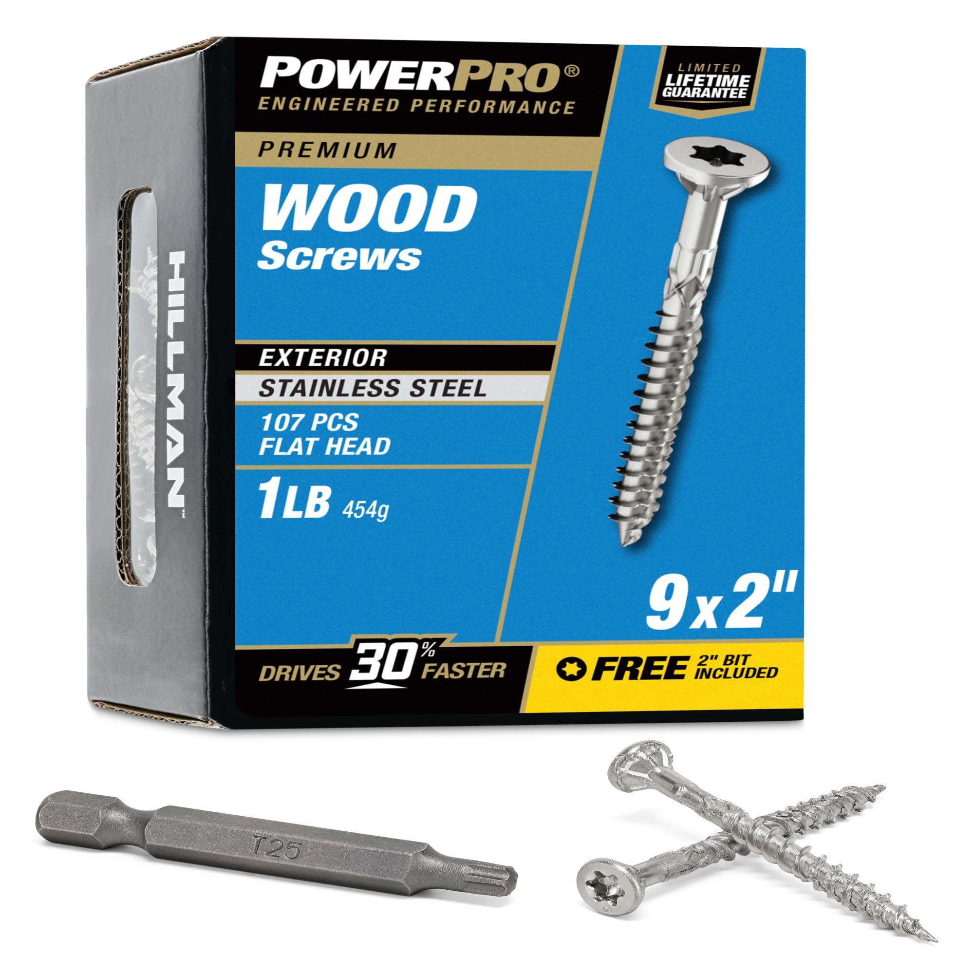 Power Pro 48621 Wood Screws, #9 x 2, Premium Stainless Marine Screws, Rust Resistant, Stainless Steel, 1lb Box, 126 pcs Image