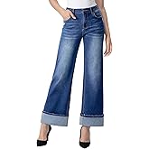 Queenwin Womens Wide Leg Jeans High Waisted Stretchy Cuffed Baggy Denim Pants