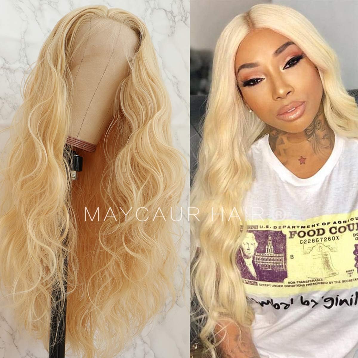 Maycaur 613 Wig Blonde Curly Synthetic Lace Front Wigs Pre Plucked Long Loose Wavy Hair Glueless Heat Resistant Blonde Lace Front Wigs for Fashion Women