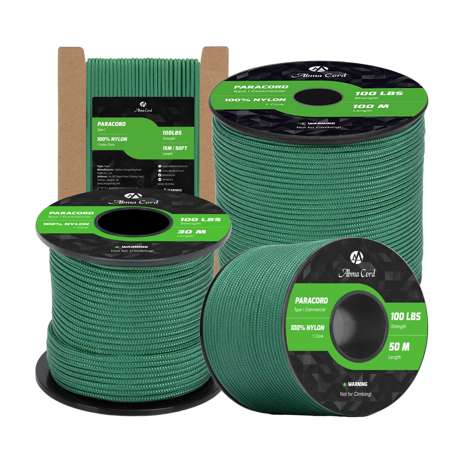 Abma Cord Paracord 2mm 100m 100% Nylon Rope 1 Strand Type I Parachute Cord - Max. 45kg (100lbs) - Kelly Green