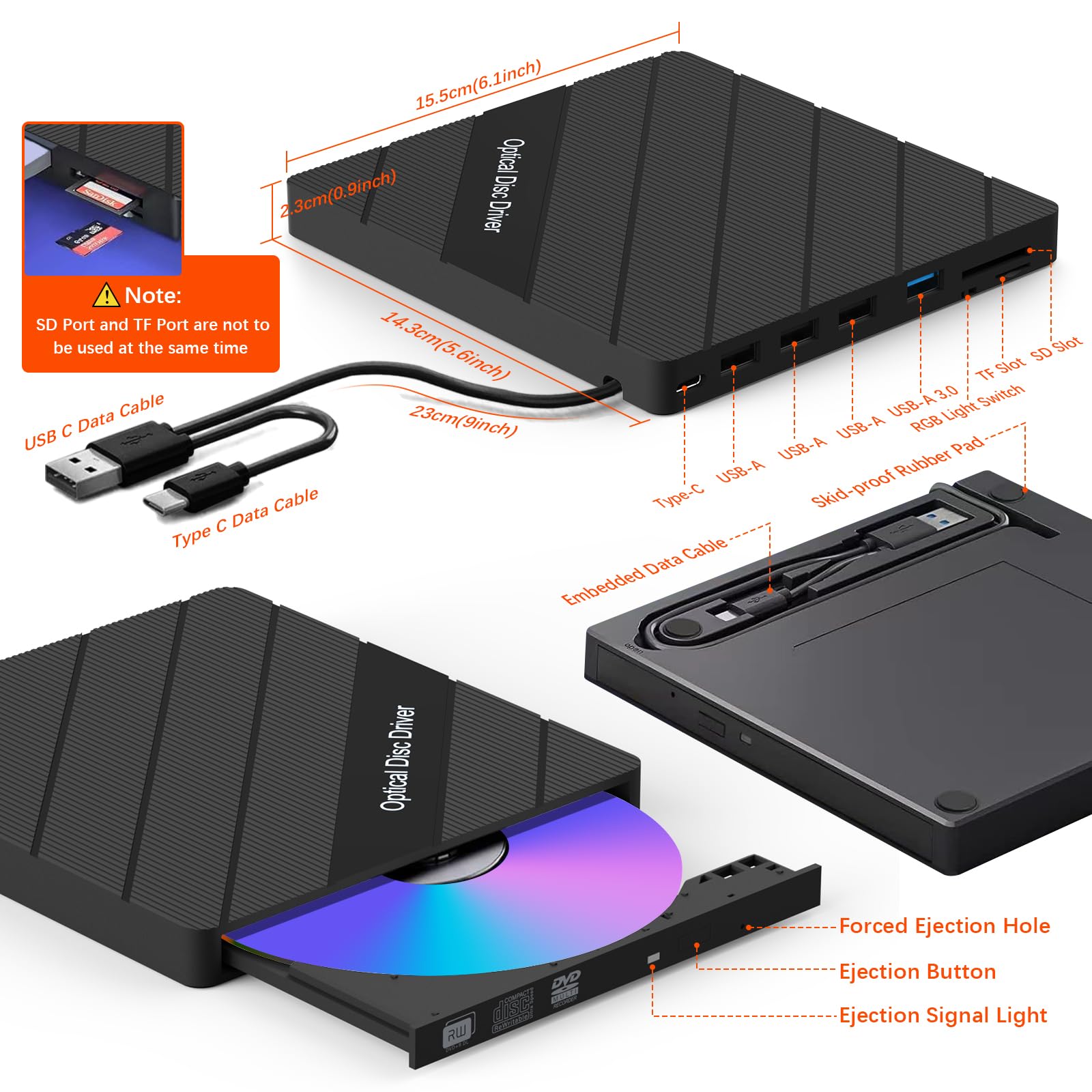 inaepeak 8 IN 1 External CD/DVD Drive for Laptop, USB 3.0 Portable External CD Burner Reader Writer with 4 USB Ports/2 TF SD Card Slots/1 USB Type C Port, Disc Drive for Laptop/PC/Mac/Windows/Linux/OS