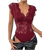 MakeMeChic Women's Lace Bodysuit Date Night Romper Deep V Neck Lace Tops Bodysuit