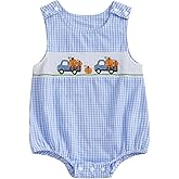 Mobbdow Newborn Baby Boy Halloween Outfit Pumpkin Truck/Tractor Embroidered Smocked Bubble Romper Sleeveless Plaid Bodysuit