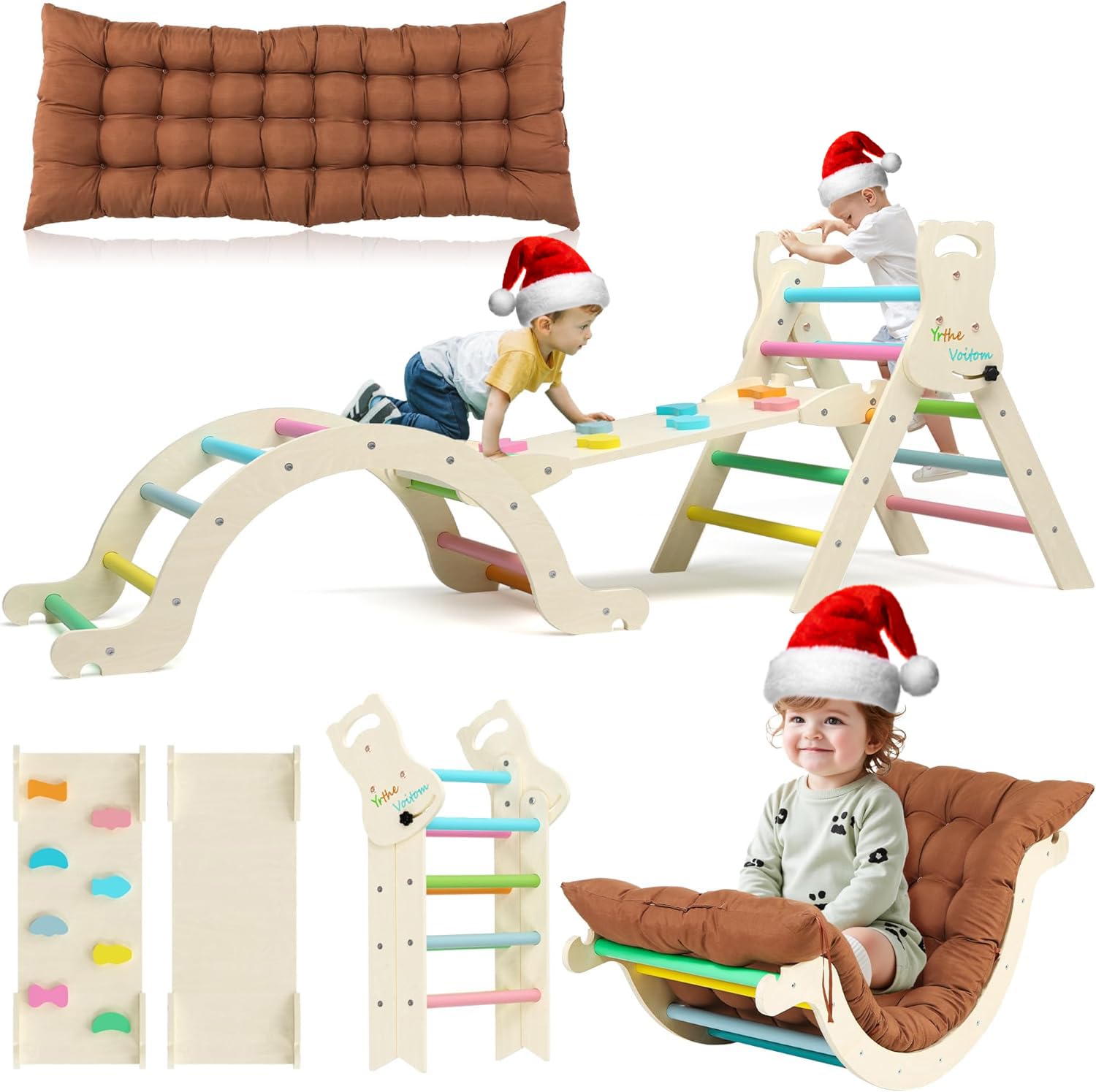 Toddler Climbing Frame for Toddlers Age 1 2 3 4 5+, Upgrade Indoor Kids Baby Wooden Climbing Frame with Slide Ramp Triangle Climber Arch Cushion, Montessori Toy Toddler Kid Gym - Large (Rainbow)