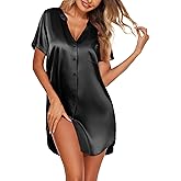 Ekouaer Women's Satin Nightshirt Button Down Sleepshirt Silk Short Sleeve Nightgown V Neck Sleepwear Night Shirts
