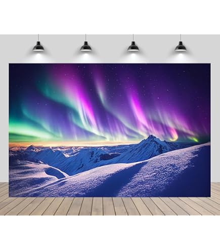 12X10ft Fabric Ture North Vbs Aurora-Themed Backdrop Vacation Snow-Covered Mountain Oceans Background Colorful Party Decoration Banner Photo Booth Props - View #10