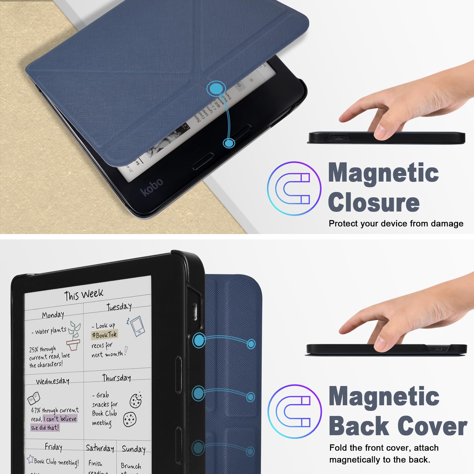 Caweet Case for Kobo Libra Colour 7 Inch 2024, Premium PU Leather | Origami Stand | Auto Wake/Sleep | Protective Sleeve | Blue