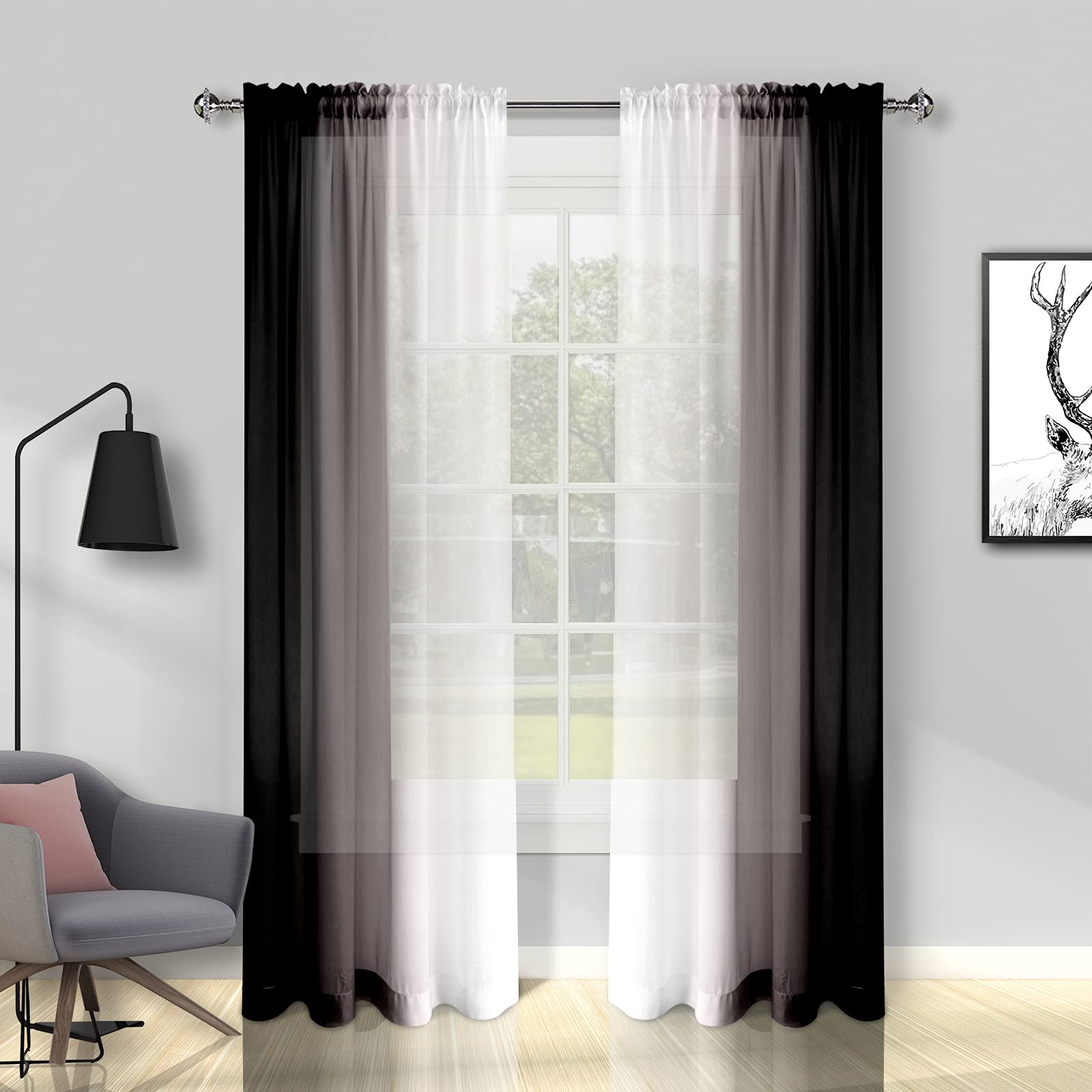 Melodieux Black Ombre Sheer Curtains 63 Inch Length for Living Room, Bedroom Chiffon Black White Gradient Rod Pocket Voile Drapes, 52 by 63 Inch, 2 Panels