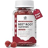 Beet Root Gummies – Blood Pressure Support & Mood Support, Super Nitric Oxide Beets Supplement with Grape Seed, L-Theanine & Vitamin C, Sugar-Free Vegan, 30:1 Beet Root Extract, 60 Strawberry Chews