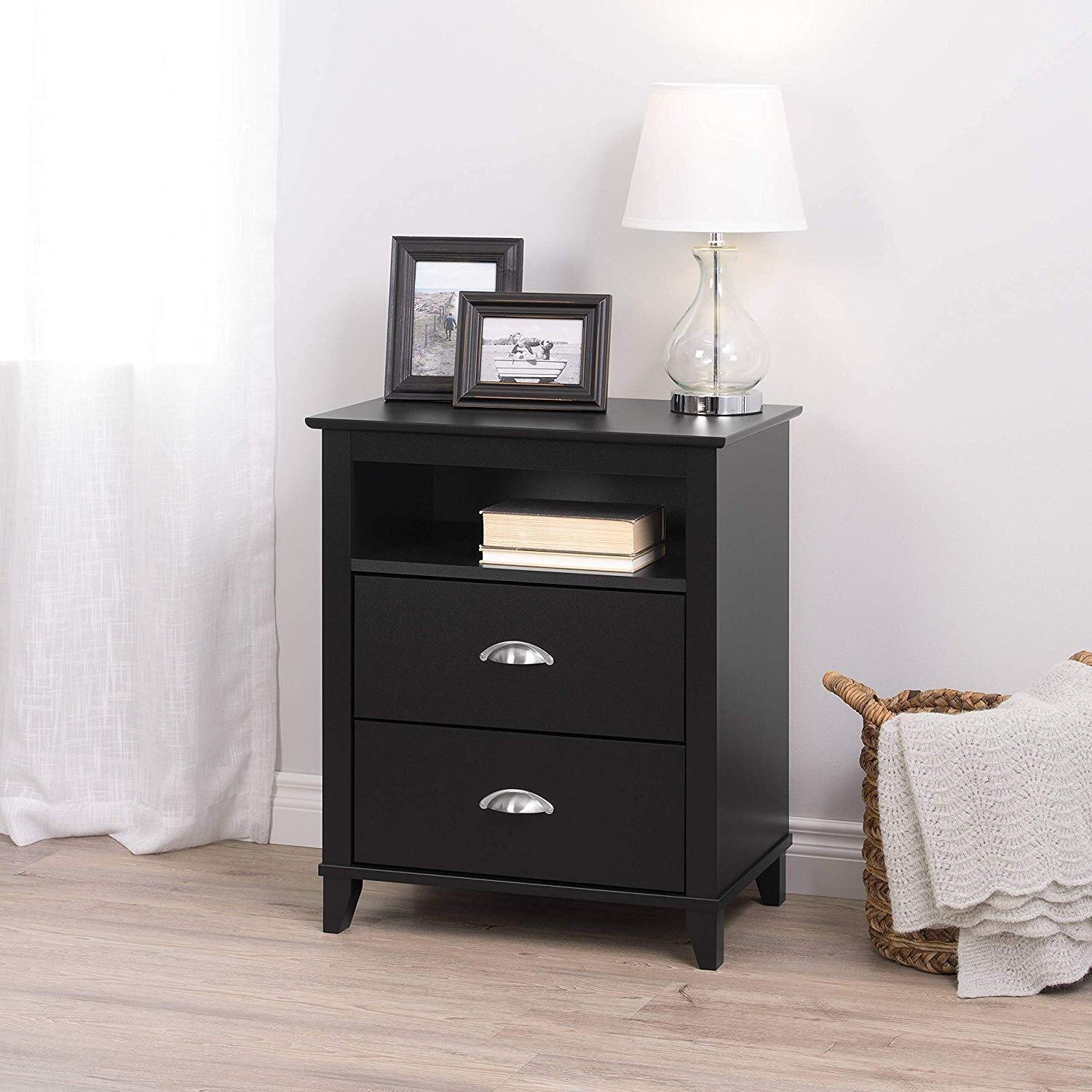 Photo 1 of Prepac Yaletown Traditional 2-Drawer Tall Nightstand Side Table, Bedside Table with 2 Drawers and Open Shelf 16" D x 23" W x 28" H, Black, BDNH-1202-1