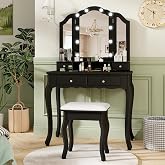 CHARMAID Vanity Desk with Mirror and Lights, Tri-Folding Lighted Mirror | Vintage Makeup Table, 3 Color Modes, 4 Drawers, Storage Shelf, Retro Dressing Table set with Stool for Bedroom, Black