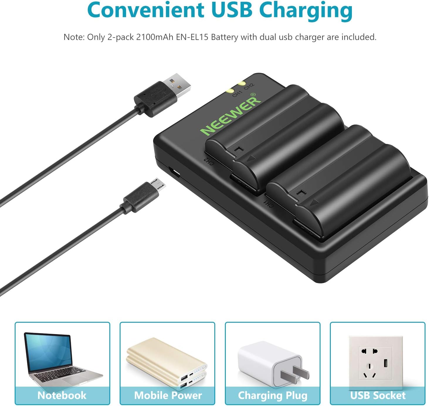 Neewer ENEL15A Battery Charger Set for Nikon d850, d800, d750, d7500