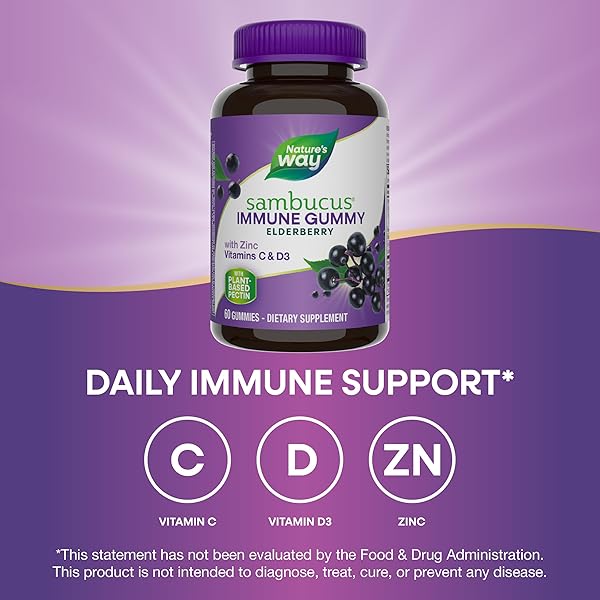 NATURE’S WAY SAMBUCUS ELDERBERRY IMMUNE GUMMIES, DAILY IMMUNE SUPPORT FOR KIDS AND ADULTS*, WITH VITAMIN C, VITAMIN D3, ZINC, GLUTEN FREE, VEGETARIAN, 60 GUMMIES (PACKAGING MAY VARY)