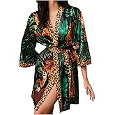 WDIRARA Women's Leopard Print Robe V Neck 3/4 Sleeve Belted Bathrobe Sleepwear
