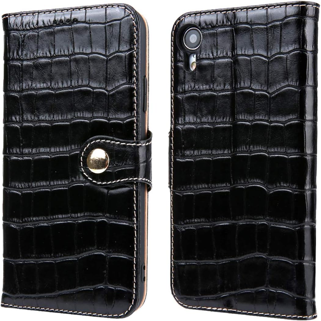 Reginn iPhone Xr Wallet Case, Genuine Leather Folio with Card and Cash Pockets and Stand Function, Crocodile Pattern Leather Wallet for iPhone Xr (Black)