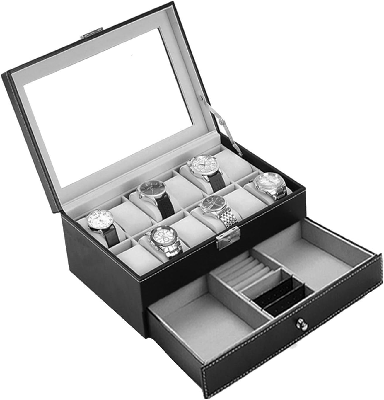 AUTOARK Leather 12 Watch Box with Jewelry Display Drawer Lockable Watch