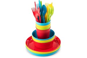 Plaskidy Kids Dinnerware Set for 4-24 Piece Plastic Childrens Dishes Dinnerware Sets Microwave/Dishwasher Safe BPA Free - Toddler Dinner Set Includes Kids Plates and Bowls Kids Cups Flatware Set