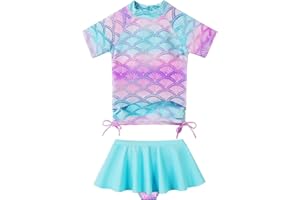 BAOHULU Girls Two Piece Swimsuits Rash Guard Ruffle Bikini Skirt Short Sleeves Beach Dress Swimwear UPF 50+ 3-12Y