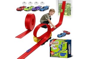PUPPILUV Flex Race Track 16 Ft with Suction Cups Compatible with Diecast 1/64th Cars, Flexible Car Track Toys for Ages 3+ Kids Toddlers Roll Out Portable Racetrack (Red)