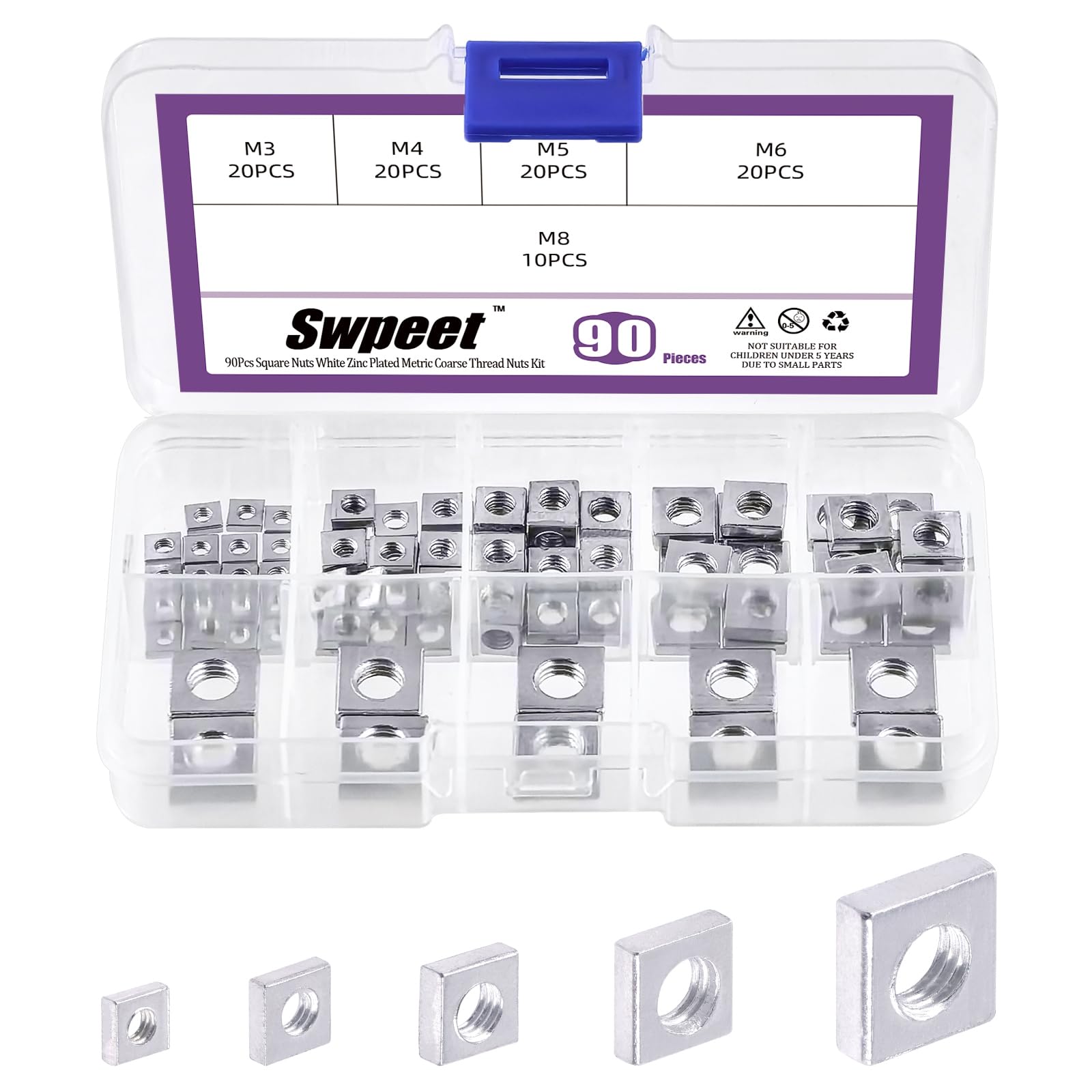Swpeet 90Pcs 5 Sizes M3 M4 M5 M6 M8 White Zinc Metric Coarse Thread Square Nuts Assortment Kit, Machine Screw Nuts Metric Coarse Thread for Home Automotive Shop Use
