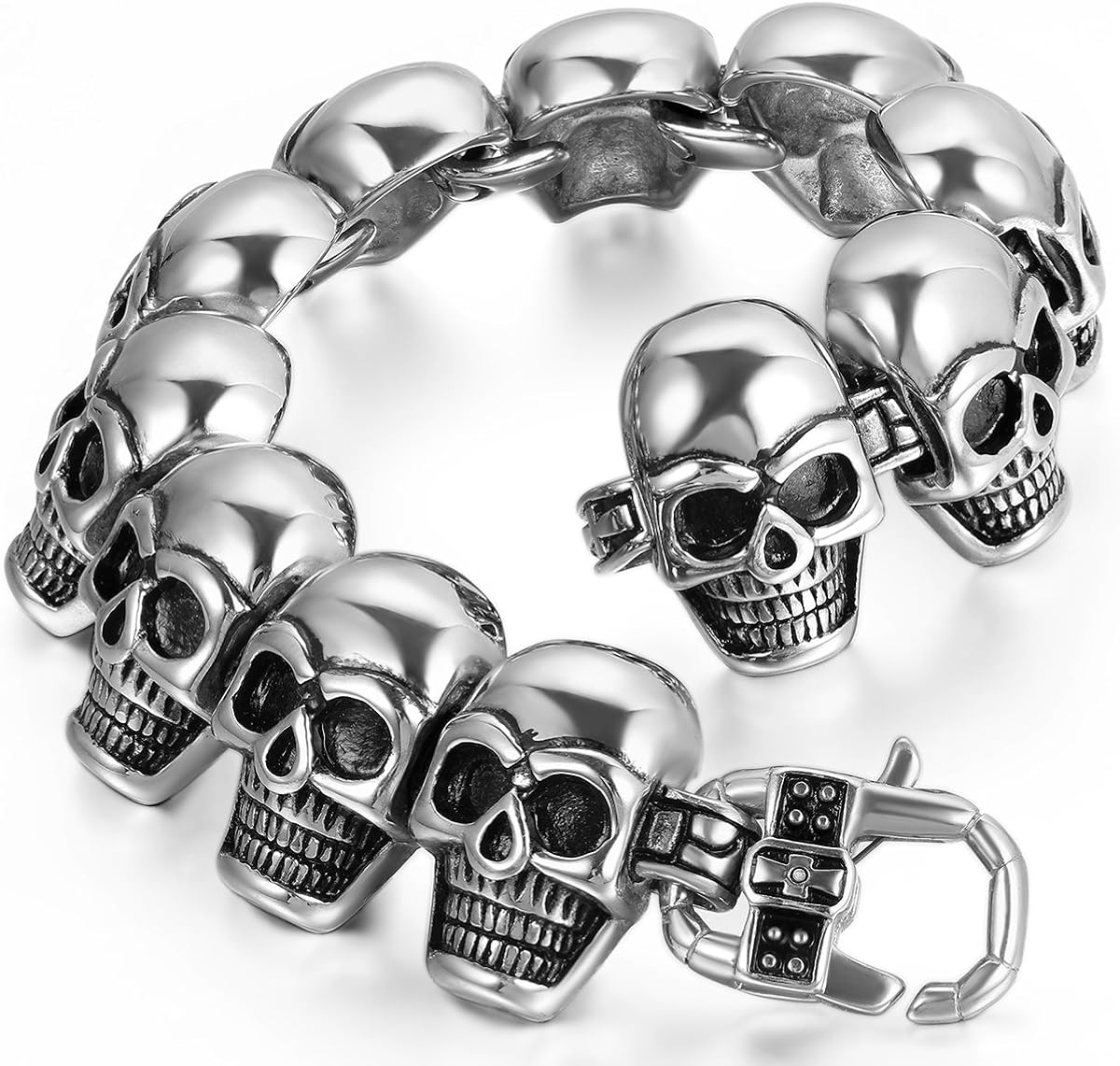 JewelryWe Biker Men's Heavy Stainless Steel Bracelet Gothic Skull Punk Rock Halloween Birthday Gift for Him
