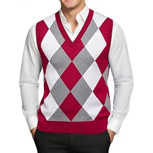 Barry.Wang Mens Argyle V-Neck Sleeveless Sweater Vest Red and Grey Pullover | Classic Knitted Pullover, Business & Daily Casu