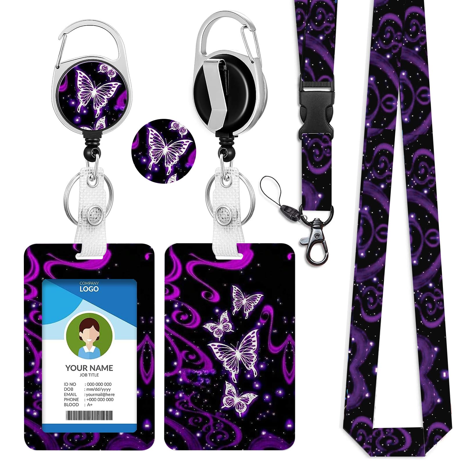 bolimoss Butterfly Lanyard with Card Holder, Cute Retractable Card Holder for Women, Lanyards Neck Strap with Metal Clip & Safety Breakaway Release for Pass Holder Credit Cards Keys
