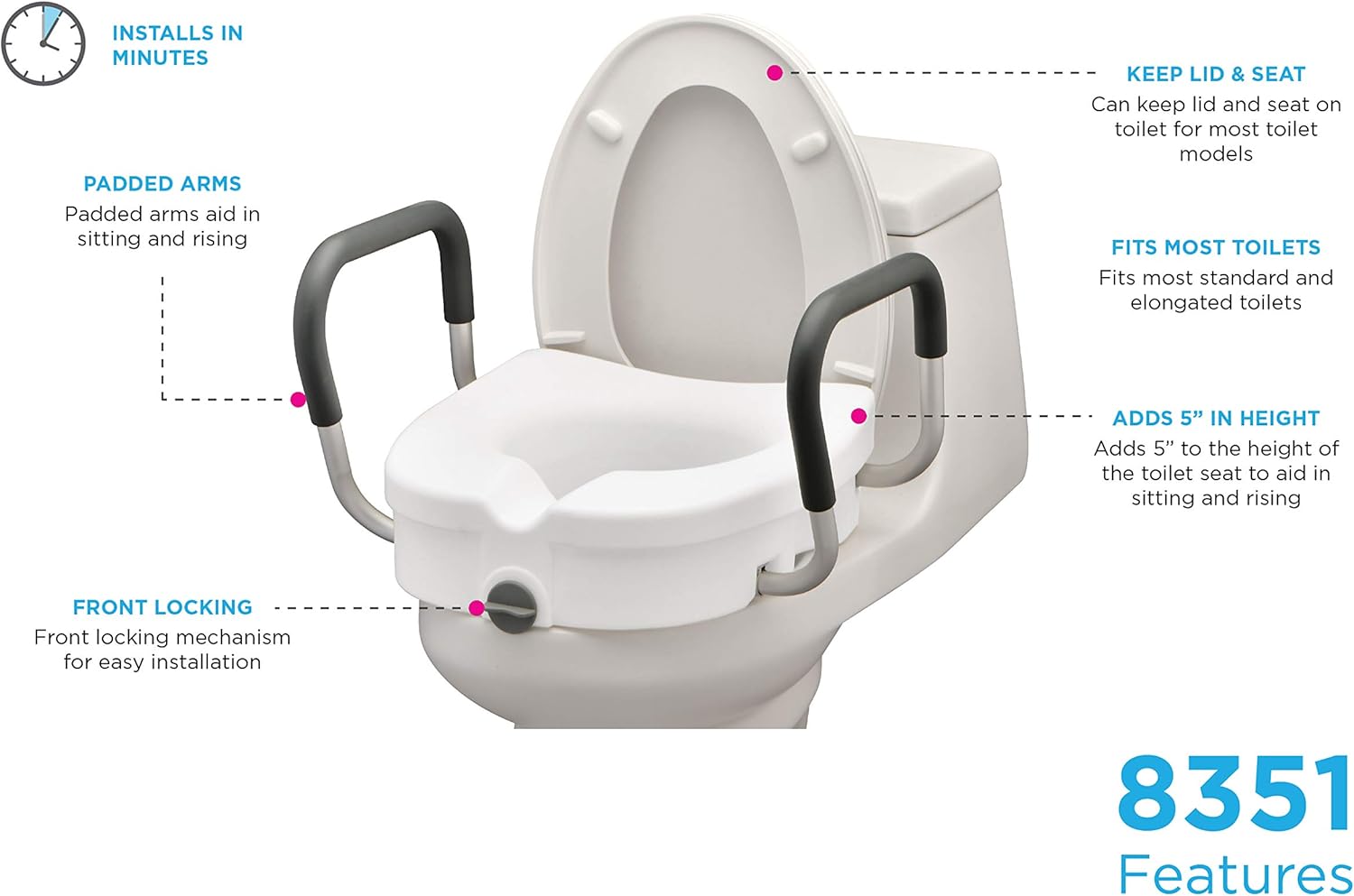 NOVA Medical Products NOVA Elevated Raised Toilet Seat with Removable, Adjustable Padded Arms, 20” Width Between Arms, Locking, Easy On and Off, for Standard and Elongated Toilets, White: Health & Personal Care