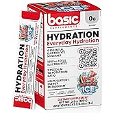 Basic Hydration Electrolyte Drink Mix, 1800mg Total Electrolytes, 6 Essential Minerals, 2:1 Sodium Potassium Ratio, 0 Sugar, Vegan & Gluten Free, 20 StickPacks