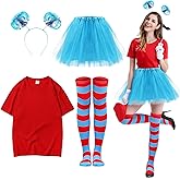 KDVOG Women Tulle Tutu Costumes Accessories Set,Adult T Shirt Tutu Skirt Thigh High Socks Blue Headband for Halloween Party