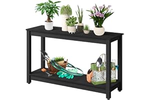 48 Inch Outdoor Console Table, 2-Tier All-Weather Patio Table with Adjustable Feet & Foot Sliders, Solid Wood Indoor Outdoor 