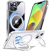 Anqrp 360° All-in-ONE Crystal Clear Case for iPhone 14/13 with Rotatable Magnetic Stand, Compatible with Mag-Safe, Anti-Yellowing Transparent MIL-Grade Shockproof Phone Case Cover for iPhone 14/13