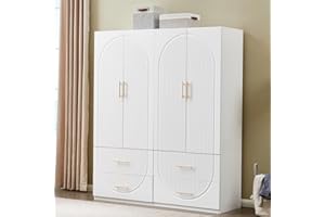 VivaVista 71" H 4 Doors Armoire Wardrobe Closet, Bedroom Armoires Cabinet Wooden with Hanging Rod Inside Cabinet and Drawers,Large Wardrobe and Armoires for Storage White