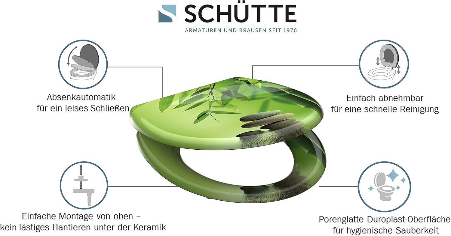 SCHÜTTE 82365 Toilet Seat Duroplast Green Garden Toilet Seat with Soft-Close Mechanism and Quick Release for Easy Cleaning Maximum Load 150 kg Stones Design - Image 3