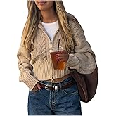 GORGLITTER Women's Cable Knit Cropped Zip Up Sweater Y2k Oversized Long Sleeve Vintage Fall Cozy Cardigans