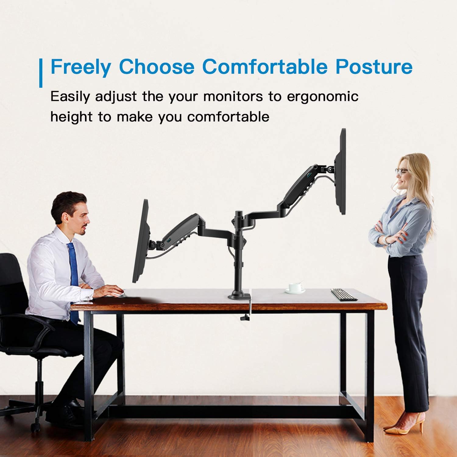 Dual Monitor Stand - Height Adjustable Gas Spring Double Arm Monitor Mount Desk Stand Fit Two 17 to 32 inch Screens with Clamp, Grommet Mounting Base, Each Arm Hold up to 19.8lbs : Office Products