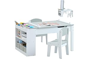 GABHX Kids Art Table Set with Chairs, 3-in-1 Kids Art Easel & Craft Desk for Coloring Drawing, Activity Table with 6 Paint Cups, 6 Storage Bins & Paper Roll Holder