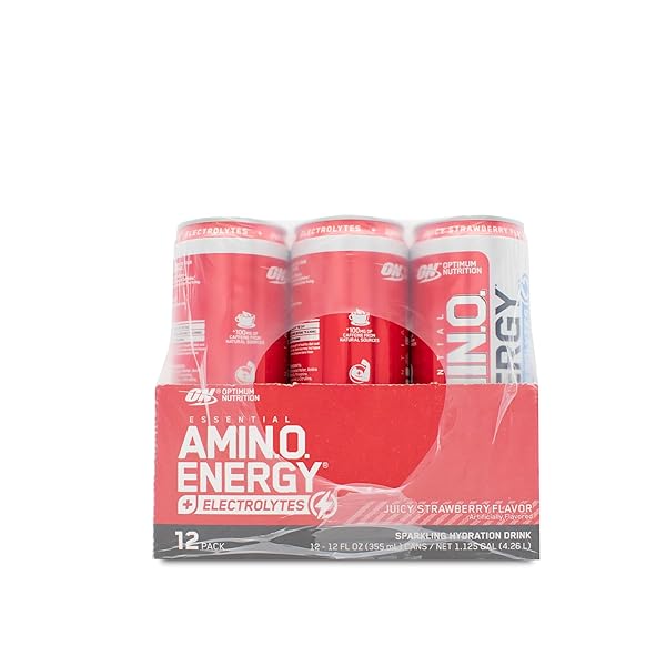 OPTIMUM NUTRITION AMINO ENERGY SPARKLING HYDRATION DRINK, ELECTROLYTES, CAFFEINE, AMINO ACIDS, BCAAS, SUGAR FREE, JUICY STRAWBERRY, 12 FL OZ, 12 PACK (PACKAGING MAY VARY)