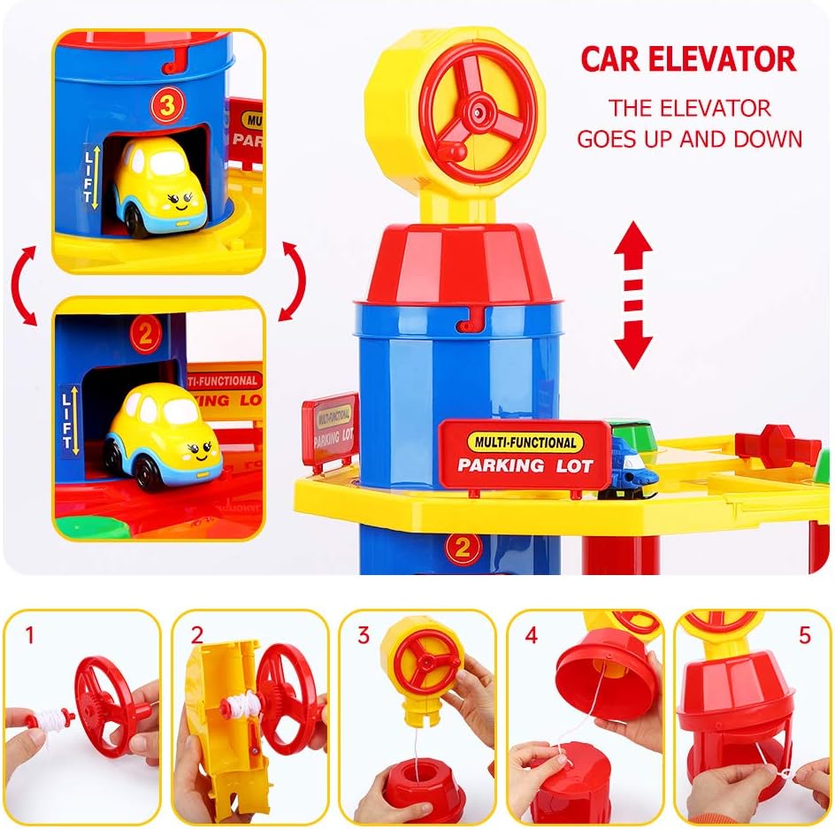 unanscre 3-Level Car Parking Garage Toy, Parking Lot Garage Building Playset, Race Tracks Car Ramp Toy with Elevator, 2 Helicopters and 4 Toy Vehicles, for Boys, Kids, Toddlers Age 3+: Toys & Games