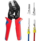 Wire Crimping Tool with Ratchet, Amliber Ratchet Wire Crimper Tool for Open Barrel Terminal Connectors, Electrical Crimping Tool for Deutsch DELPHI AMP Dupont TYCO Terminals, 24-14 AWG