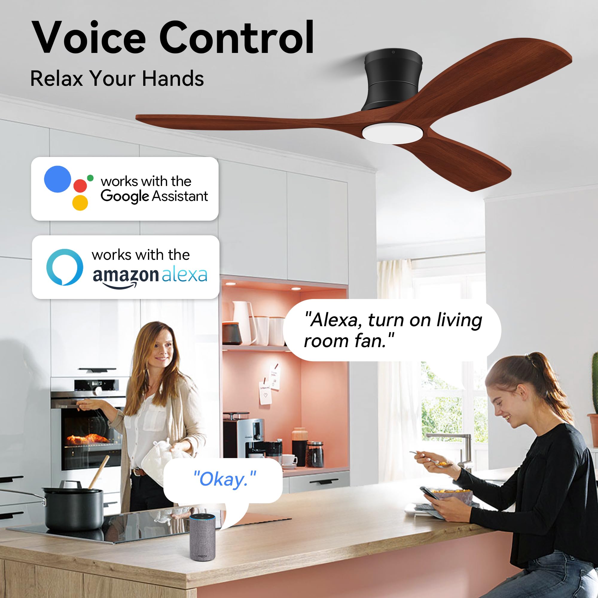 52” Smart Low Profile Ceiling Fans with Lights Remote,3 Wood blade,Quiet DC Motor,Outdoor Indoor Flush Mount Ceiling Fan,Voice Control via WIFI Alexa App,Modern Lighting& Ceiling fan for Bedroom Patio