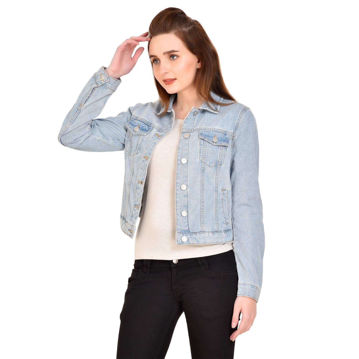 mansicollections full sleeve light blue denim jacket for women