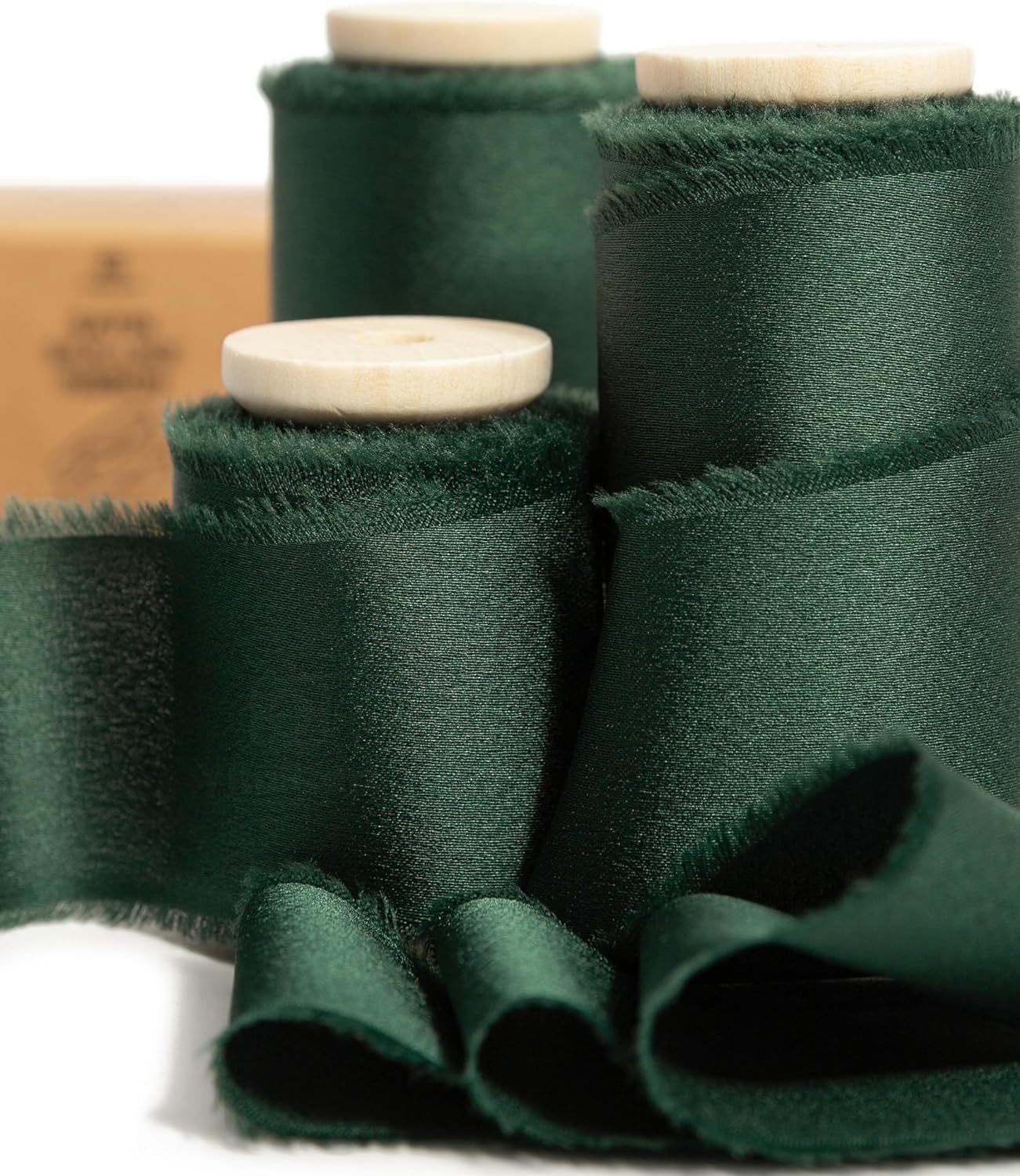 Vitalizart Dark Green Silky Satin Ribbon, 1.5'' x 15 Yard with Wooden Spool, Handmade Fringe Chiffon Ribbons for Gift Wrapping, Festive Decoration, DIY Craft, Wedding Bridal Bouquet