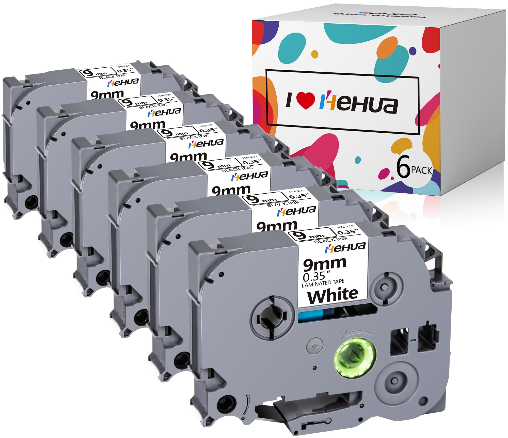 Hehua 6-Pack 9mm Label Tapes Replacement for Brother Tze-221 Tze221 Label Black on White, Compatible with PT-H100L PT-H100r PT-H105 PT-H75 PT-D400 PT-D600 PT-1010 PT-P300BT PT-P710BT (9mm x 8m)